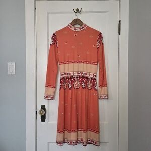 Vintage 1970s Paganne Dress by Gene Berk – Size 14 / M – Coral Floral